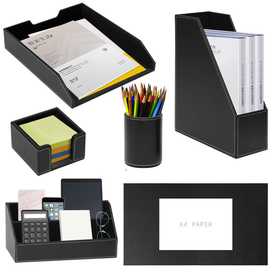 XNONE Office Supplies PU Leather 6-Piece Set Desk Organizer,Include Writing Pad,Letter Tray,file folder Sorter/Magazine Holder,Pen Cup,Note Holder,Business Card Holder,Man/Woman Office Gift,Black