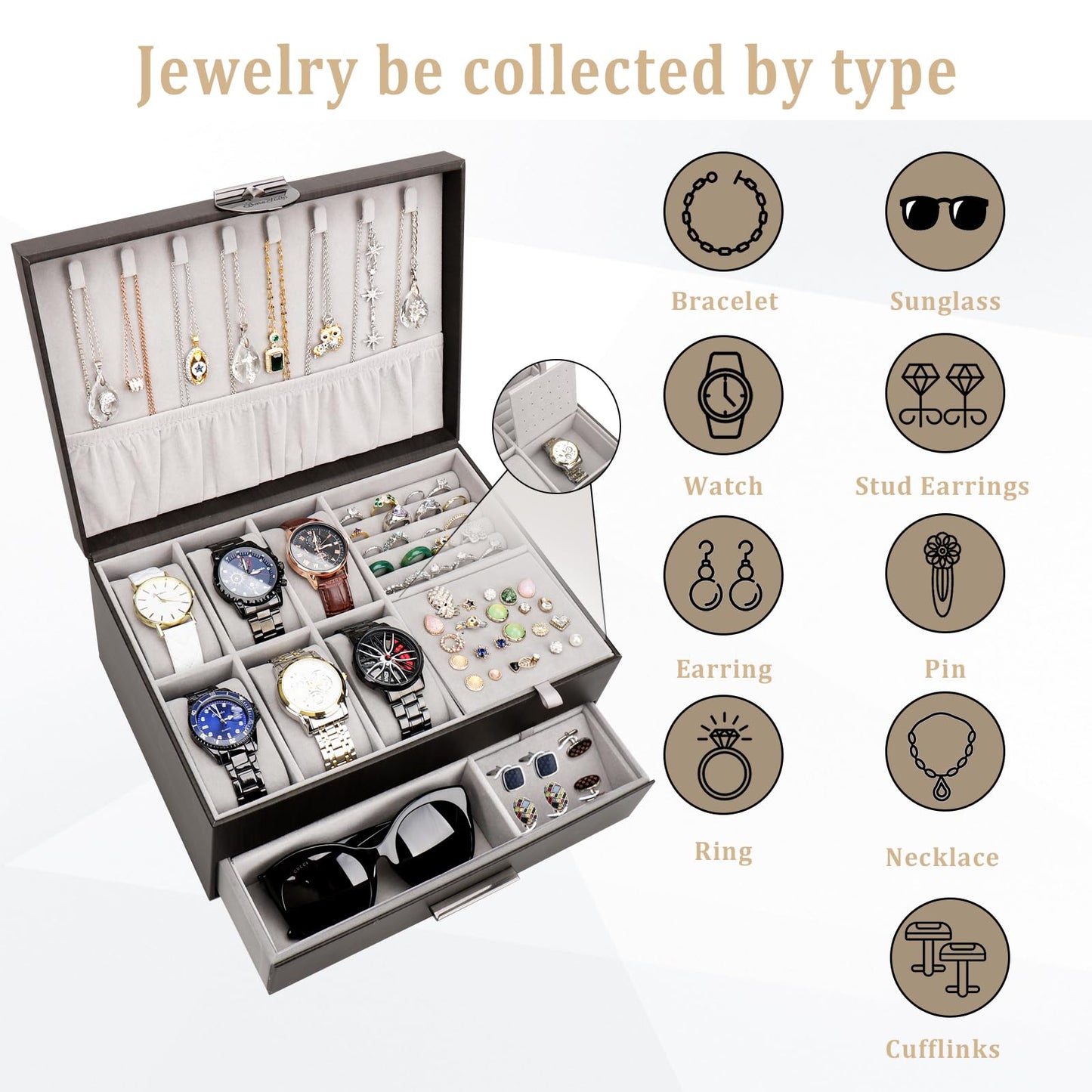 BareTulip Jewelry Box for Men 2-Layer Valet Organizer with 2 Drawers Watch Ring Necklace Cufflink Storage Case Glass Lid Premium PU Leather Mens Accessories Box Gift for Husband Boyfriend Dad Black