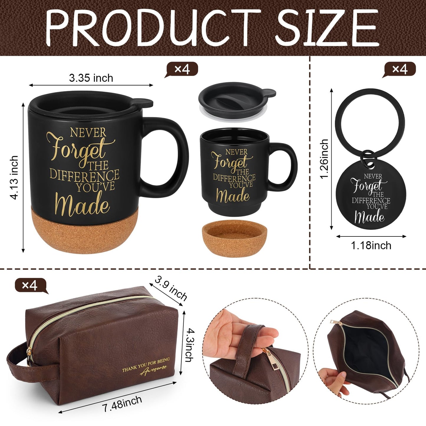 DERTE 12 Pcs Thank You Gift for Men Male Teacher Coworker Employee Appreciation Gift 15 oz Coffee Cup Leather Toiletry Bag Inspirational Keychain Set for Boss Staff Dad Fathers Day Husband Friends