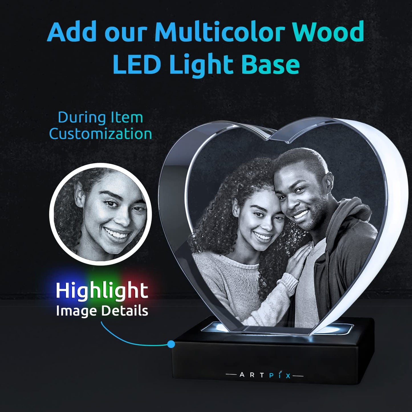 ArtPix 3D Crystal Photo, Personalized Gifts for Women, Wife, Her, Him, Men, Husband, Grandma, Customized Mothers Day Gifts for Mom With Your Own Photo, Custom Glass 3D Laser Etched Picture Frame Heart