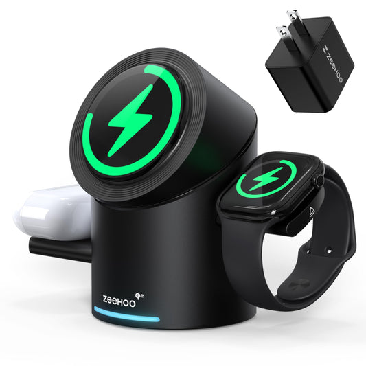 ZEEHOO 3 in 1 Charging Station for Apple Devices, Mag-Safe Charger Stand, Qi2 15W Auto-Rotating Wireless Charger for iPhone 17 16/15/14/13/12 Series& AirPods& iWatch(Black)