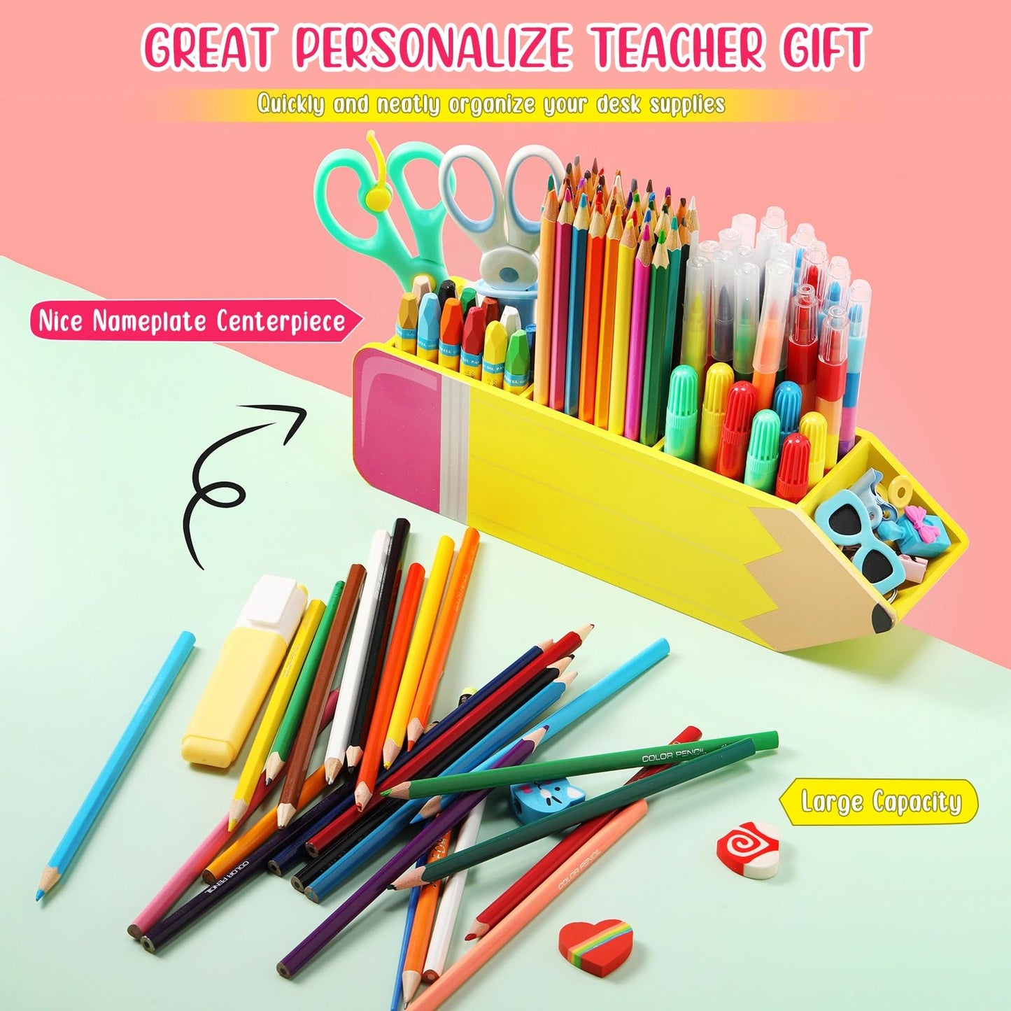 Containlol Teacher Appreciation Gifts Name DIY Pencil Shape Holder Organizer Birthday Favor Supplies for Women Men End of Year Thank You Gifts Desk Sign School Office Decor