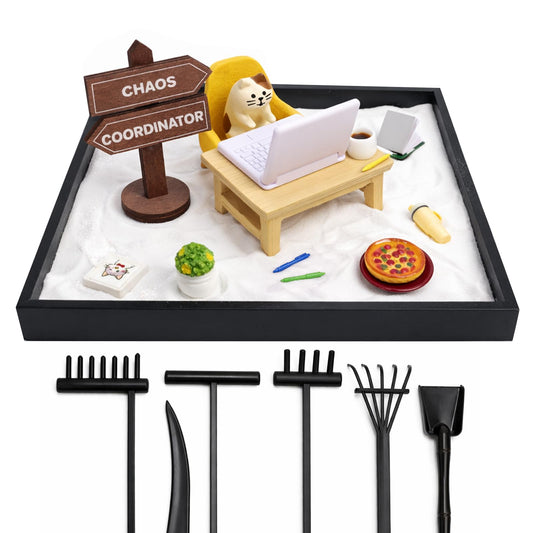 Zen Garden for Desk, Chaos Coordinator Funny Mini Desktop Decor Sand Box Kit Accessory Stress Relief Gifts for Office Coworkers, Friends, Family