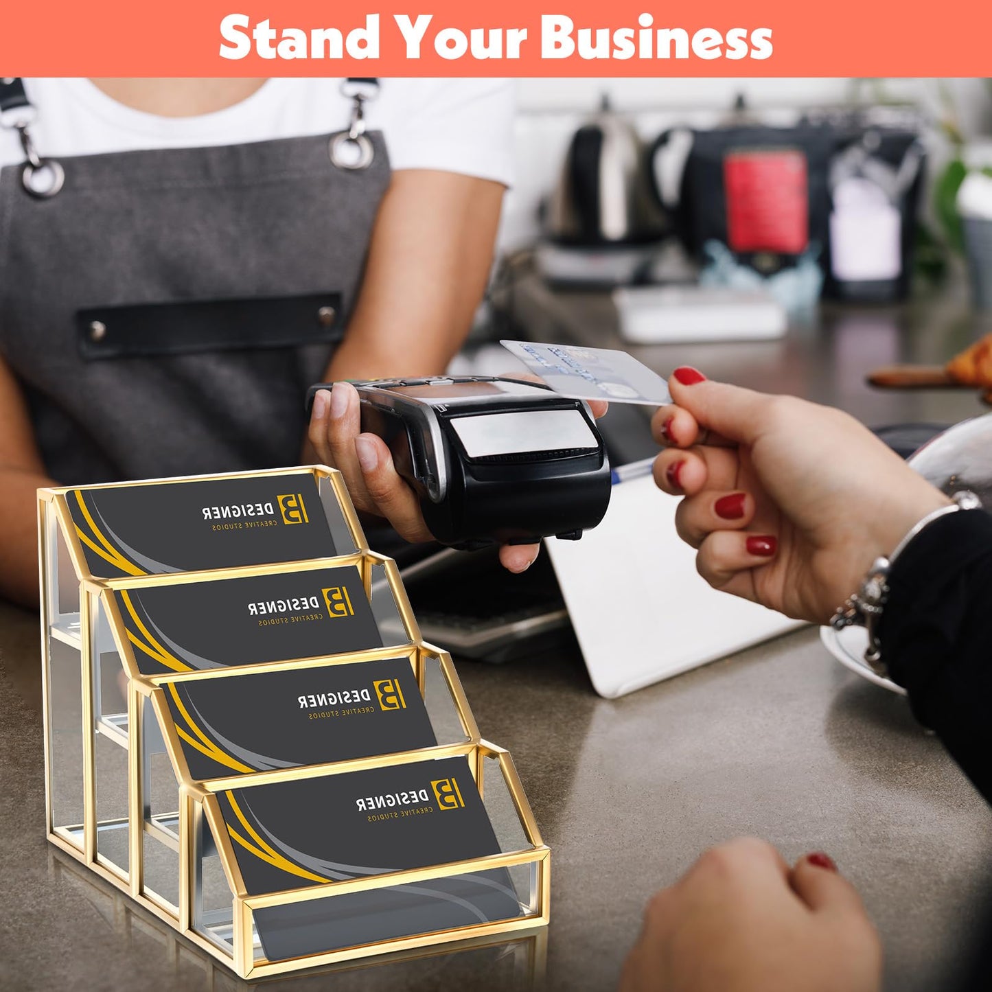 AojSup 4 Slots Glass Business Card Stands for Display, Desktop Business Card Holder with Gold Metal Frame, Clear Name Cards Organizer for Office, Exhibition, and Meetings (4.13" L x 5.9" W x 4.72" H)