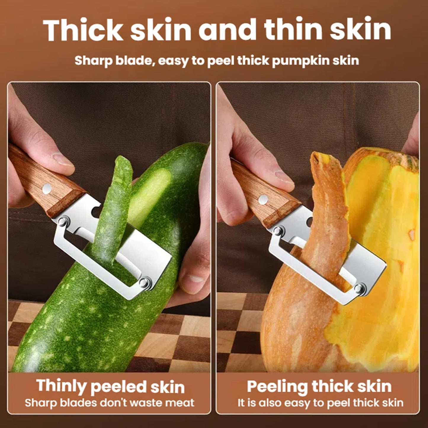 2PCS Multifunctional Vegetable Peeler for Kitchen, Multi-Functional Stainless Steel Fruit Peelers with Wooden Handle and Bottle Opener, Effortless Peeling for Apple, Potato, Pumpkin, Papaya