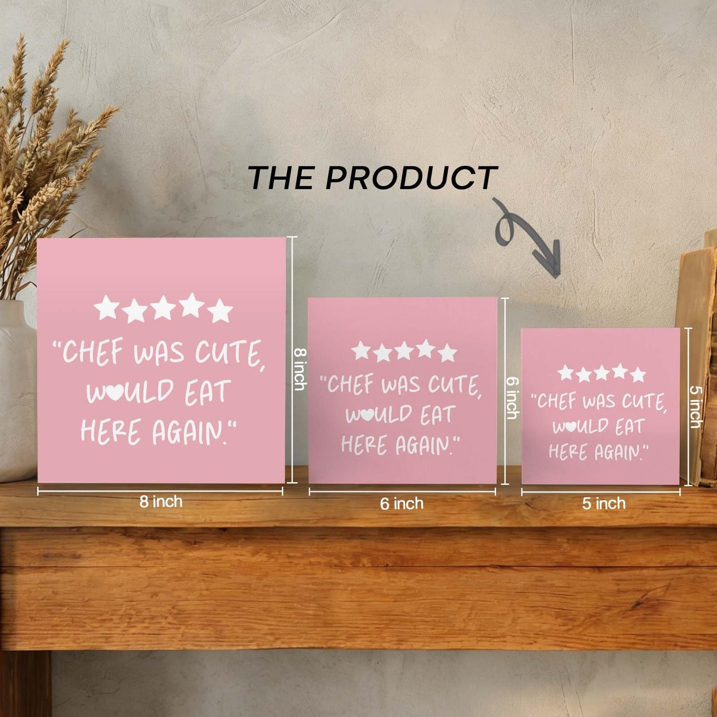 GWOKPAAI Pink Kitchen Accessories Wooden Box Signs Desk Decor, Chef Gifts for Women,Chef Was Cute Would Eat Here Again Wooden Signs Desk Decorations for Kitchen Dining Room Tabletop Shelf Wall,5x5in