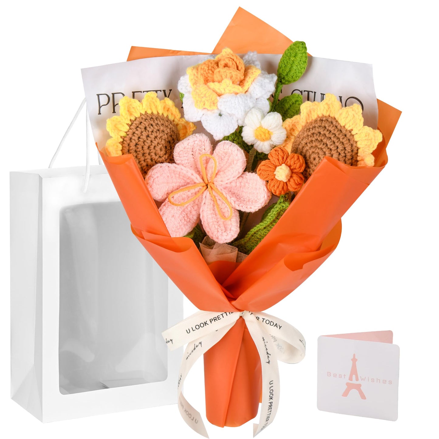 Gouraml Crochet Flower Bouquet, Orange Crochet Flowers for Mother's Day, Crochet Sunflowers Tulips Roses Bouquet for Valentines Day, Weddings Birthdays Home Decor Gift for Women Moms Wife Friends