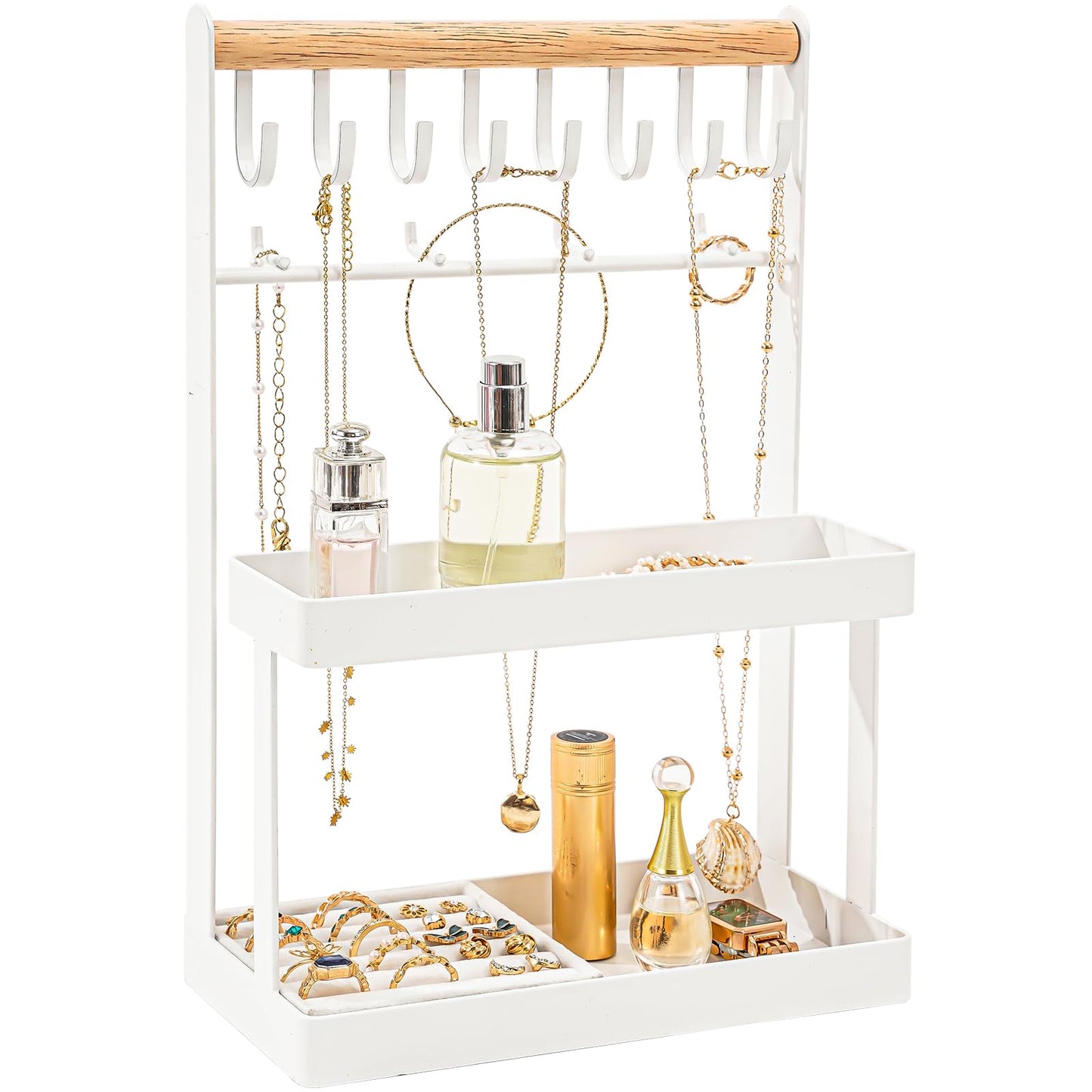 Lolalet 4-Tier Jewelry Organizer Stand with 12 Hooks, Necklace Bracelet Ring & Sunglasses Holder, Cute Metal Jewelry Storage Rack for Vanity, Dresser or Entryway, No Assembly -White