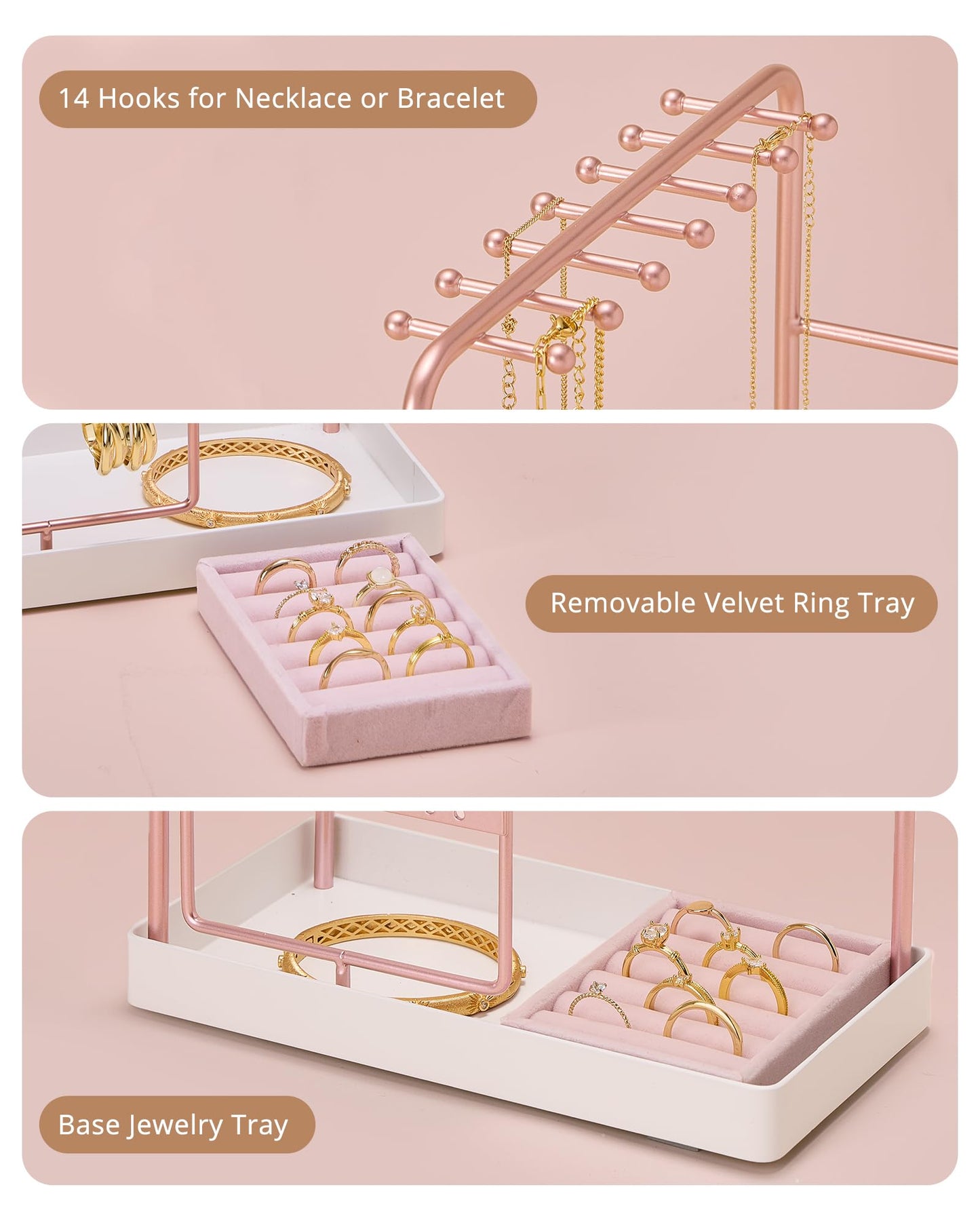 ProCase Jewelry Stand Holder Organizer, Jewelry Display Storage with Ring Tray, Rotating Earring Bracelet Necklace Holder, Valentine's Gifts Room Dorm Decor for Teen Girls -Rosegold (No-Assembly)