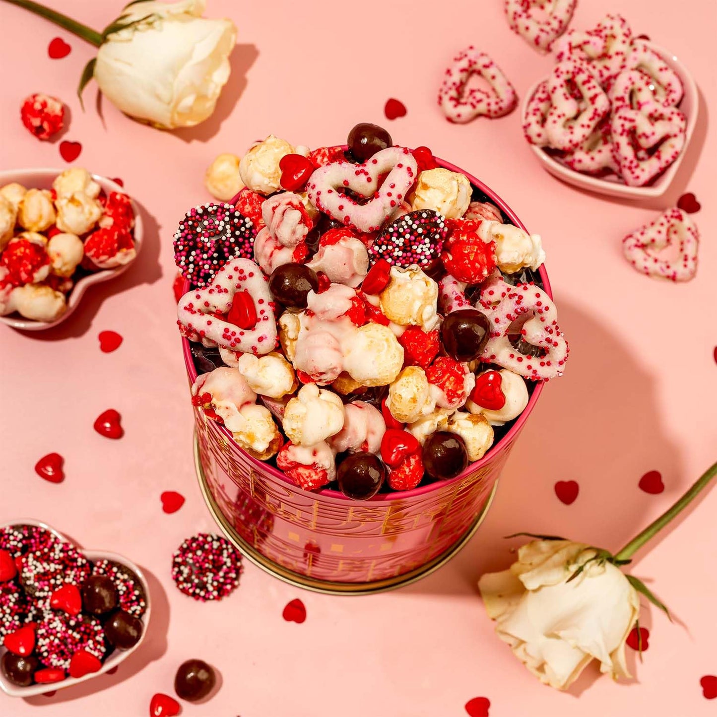 Gift Tin with Assorted Treats, Popcorn, Yogurt Heart Pretzels, Milk Chocolate Caramel Balls, Musical Present for Wife, Girlfriend, Romantic, Mom, Spouse, Plays La Vie En Rose- Bonnie and Pop