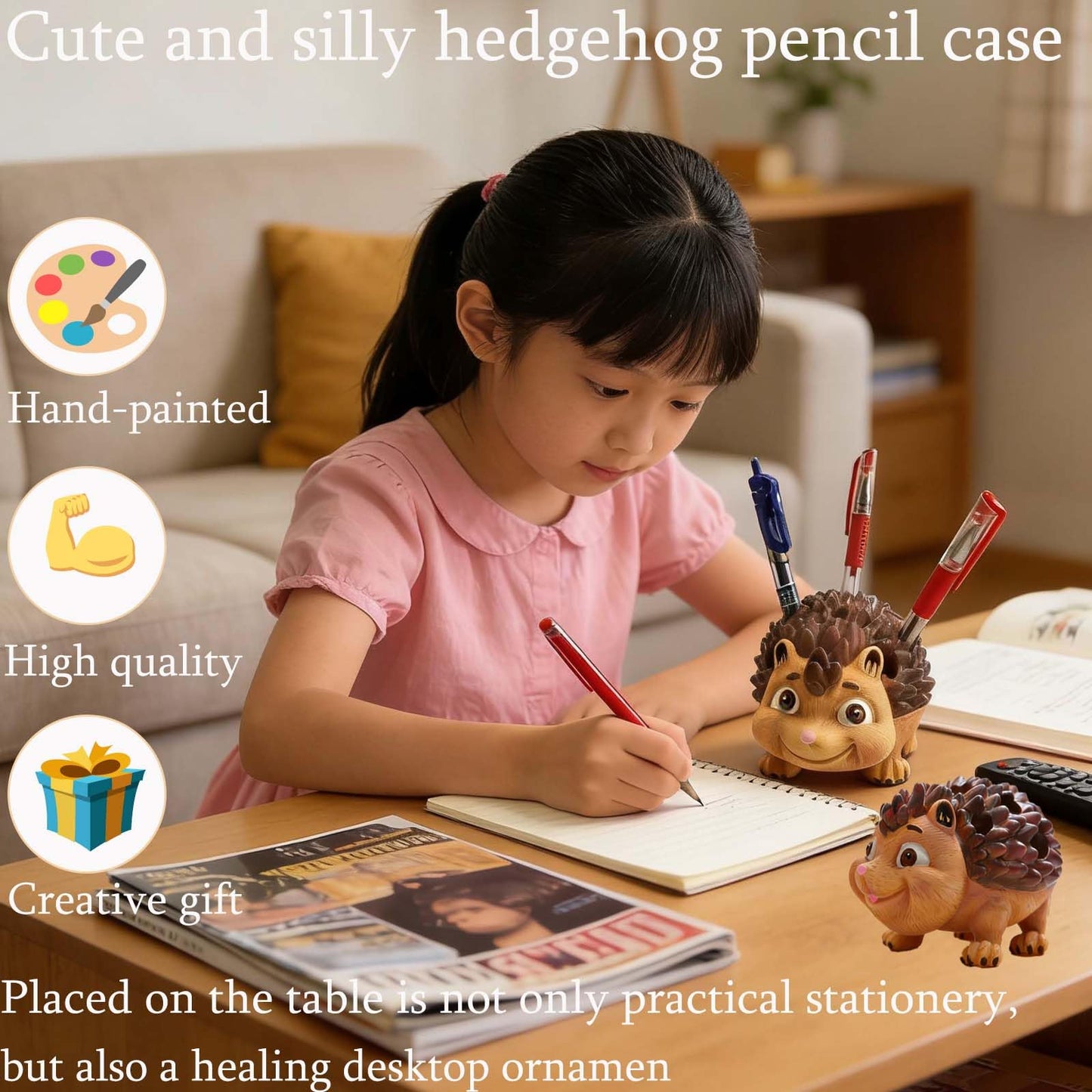 Daoofukeji Pen Holder for Desk Pencil Holder Wooden Hedgehog - Resin Hedgehog Shaped Pen Container Desk Organizer Decoration for Office Desk Home Decorative Animal Pen Holder Funny Gifts for Kids