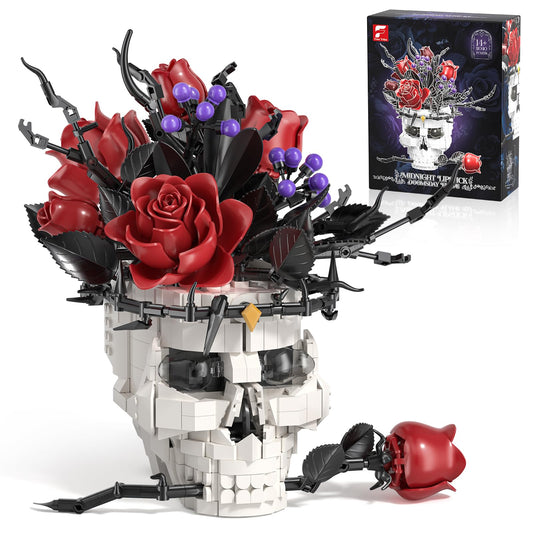 Skull Roses Flower Bouquet Building Set, Goth Horror Skeleton Botanical Collection for Adults Home Table Art Decor, Gift for Birthday & Valentines Day for for Women & Kids Ages 14+.