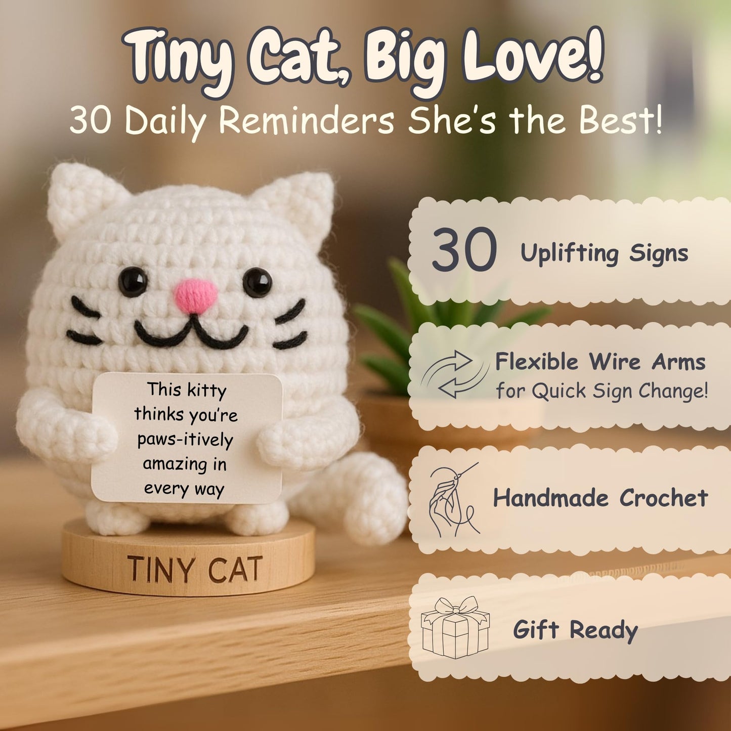 Cat Gifts for Women - Positive Crochet Animal with 30 Cute Signs | Cat Mom Gift for Women for Birthday, Mothers Day | Funny Fur Mama Present Ideas for Cats Lady | Present Idea for Friends, Coworkers