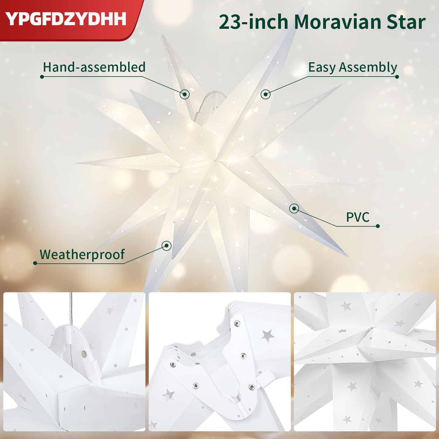 YPGFDZYDHH 23" Large Moravian Star Outdoor Light, Moravian Star Christmas Tree Topper Lighted Battery Operated, Remote Control Hanging Outdoor/Indoor Tree Topper Light for Courtyard, Porch-White