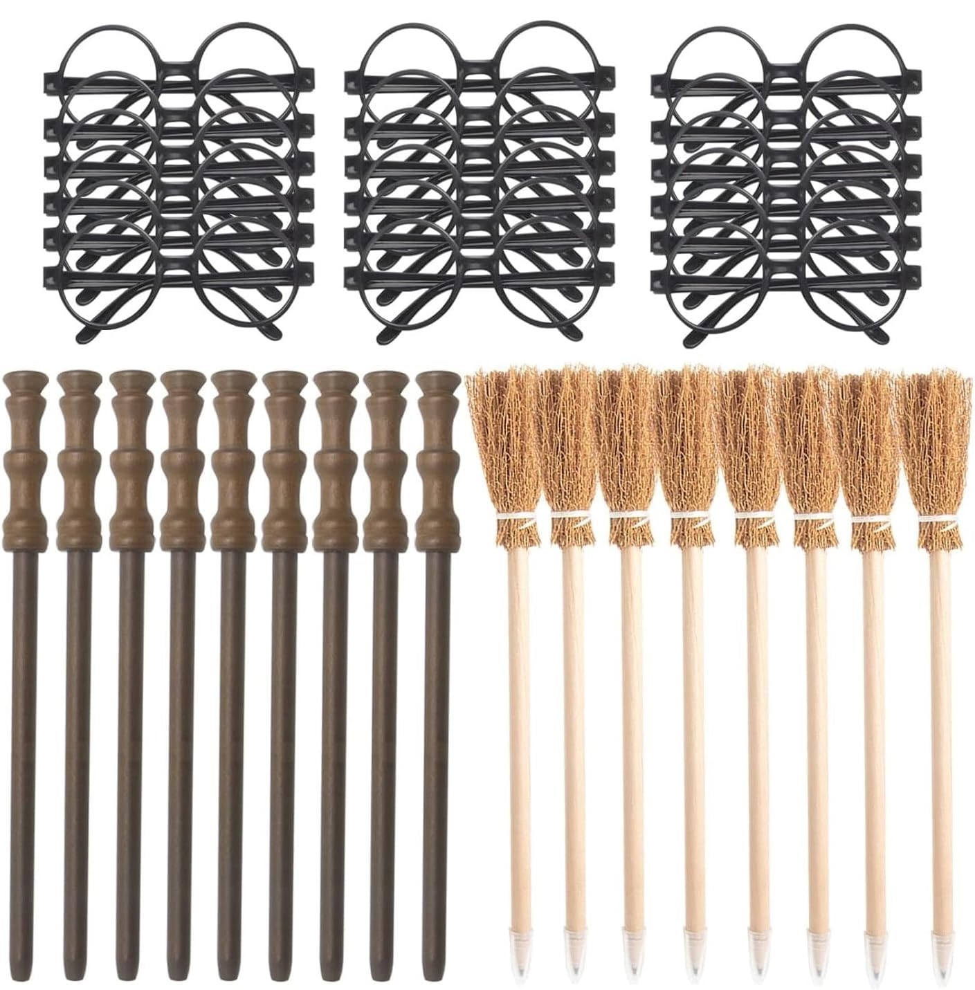 Col-Pary Party Supplies Kit -Black Round Glasses with Round Frame No Lenses, Broom Pencil, Wand Pencil for School Birthday, Halloween,Cosplay Party Decor（Each of 12 pcs ）