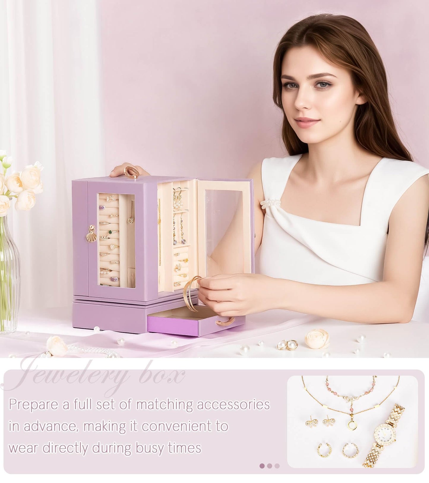 Enthralite Jewelry Box Large for Dresser: Women Necklace Ring Storage Organizer with Compartments - Elegant Earring Holder Display - 360° Rotating Jewelry Organizer with Glass Door