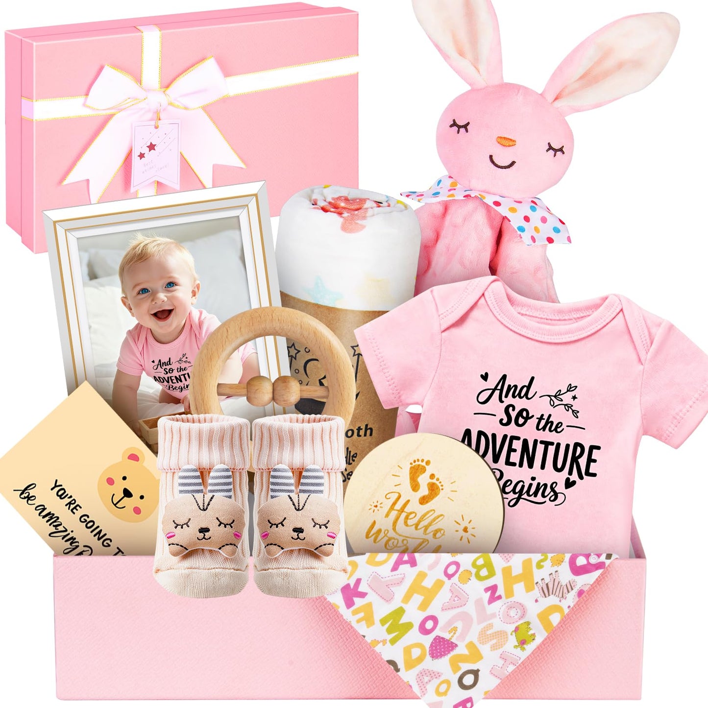 Baby Gift Basket for Newborn Girls & Boys, Baby Shower Gift Set for Girl, Newborn Baby Girl Essentials, Welcome Home, Gender Reveal Gifts for New Parents, Pink Gift Box