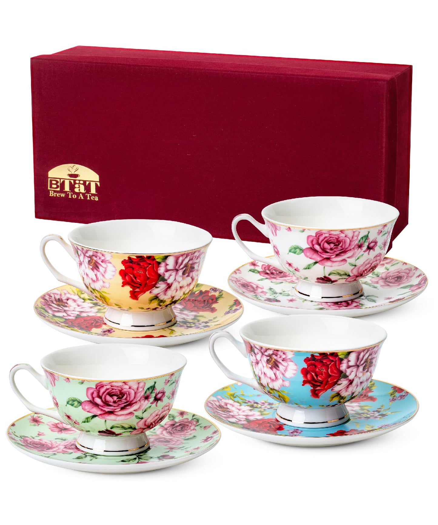 BTaT- Floral Tea Cups and Saucers Set of 4 (8 oz), Porcelain Tea Cup Sets with Gold Trim & Gift Box, Dishwasher & Freezer Safe, Mothers Day Gift