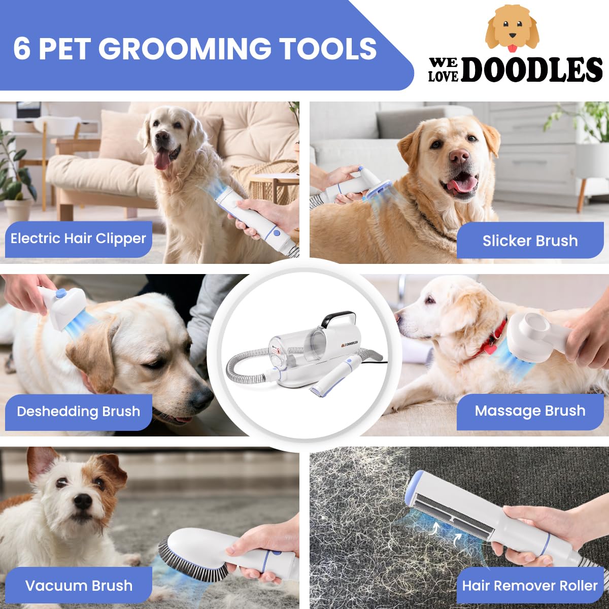 We Love Doodles 11-in-1 Dog Grooming Vacuum - Professional-Grade Dog Clippers, Lightweight Pet Vacuum Grooming Kit for Dogs at Home, for Long Hair & Non Shedding Dogs, Goldendoodles & Poodles