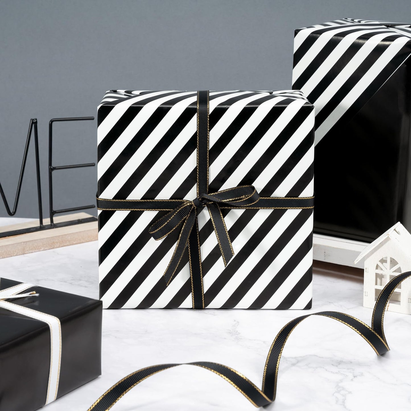 WRAPAHOLIC 30 Inch Reversible Black Wrapping Paper - Black and Stripes Wrapping Paper for Birthday, Holiday, Wedding, Baby Shower - 30 inch x 33 feet