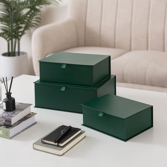 Soul & Lane Decorative Cardboard Storage Boxes with Lids - Set of 3, Memory Boxes for Keepsakes, Stacking Decorative Photo Storage for Pictures and Decor, Forest Green