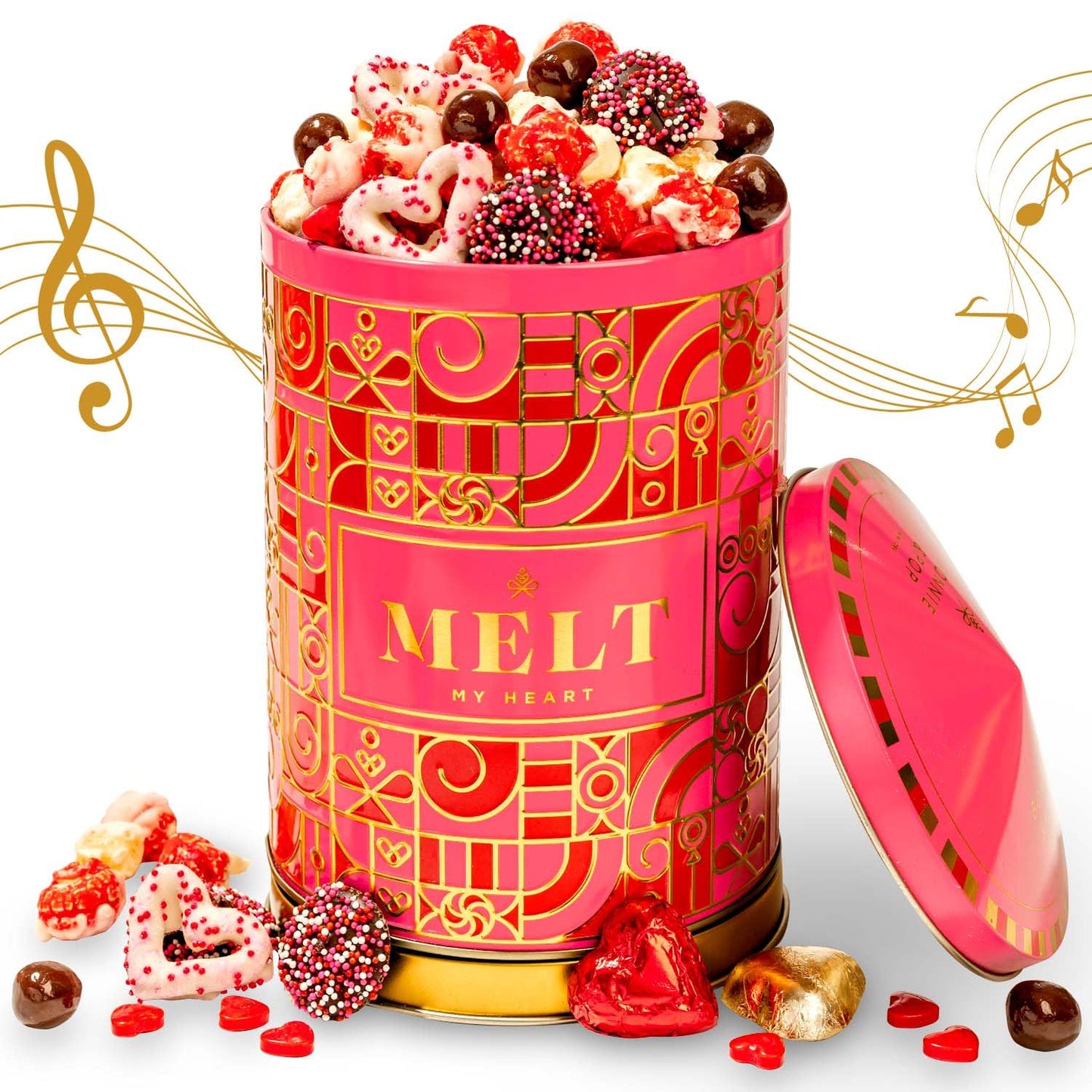 Gift Tin with Assorted Treats, Popcorn, Yogurt Heart Pretzels, Milk Chocolate Caramel Balls, Musical Present for Wife, Girlfriend, Romantic, Mom, Spouse, Plays La Vie En Rose- Bonnie and Pop