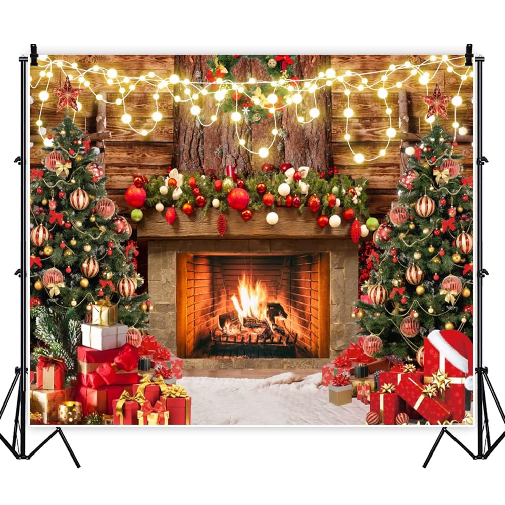 Christmas Fireplace Photography Backdrops 10x8ft Vinyl Winter Photoshoot Backdrop Xmas Tree Lights Wooden Board Wall Gift Box Background Xmas New Year Party Background Banner Supplies Props