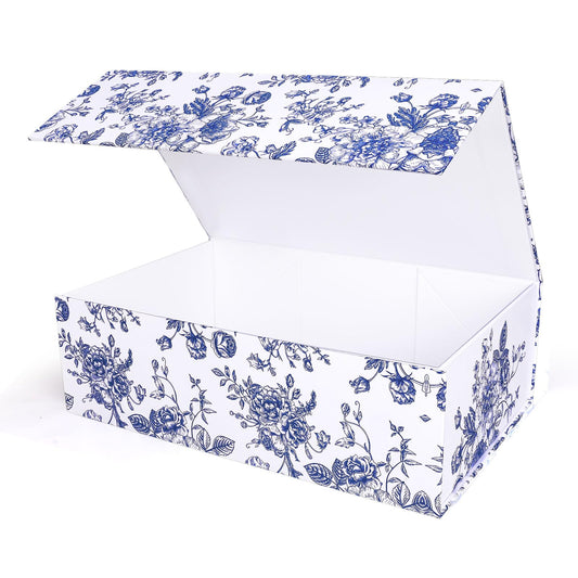 Whaline 3Pcs Blue Floral Paper Gift Box with Magnetic Closure Vintage Chinoiserie Toile Flower Print Present Packaging Box for Wedding Bridal Shower Birthday Party Favor Wrapping Supplies
