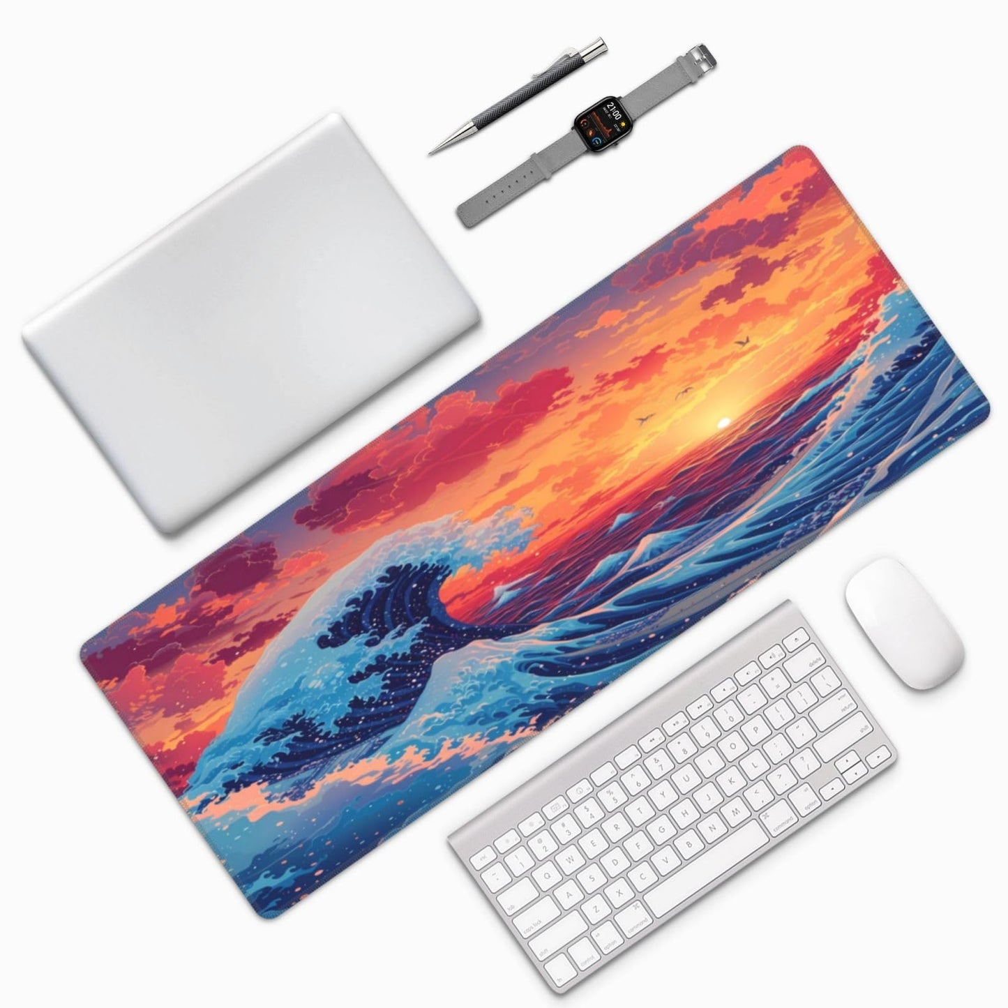 Gaming Mouse Pad Desk Pad,Extended Big Mouse Pad,31.5x11.8 Inch Long Computer Keyboard Mouse Mat Mousepad with 3mm Non-Slip Base and Stitched Edge for Gaming and Office… (Sunset Wave)