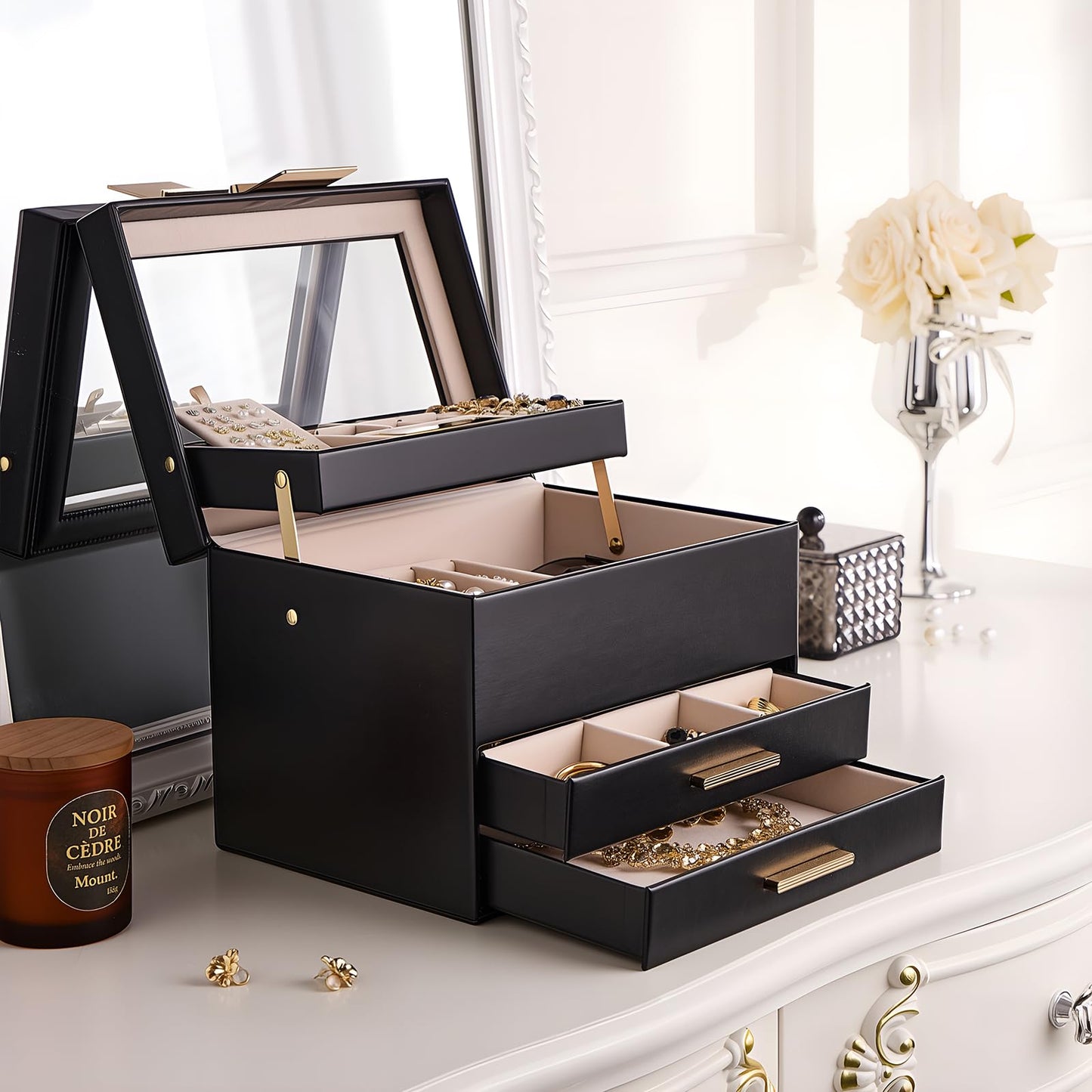 Lolalet Jewelry Box, Clear Window Jewelry Organizer with Drawer for Earrings Bracelets Necklaces Rings, Jewelry Storage for Women -Black, 4 Layers