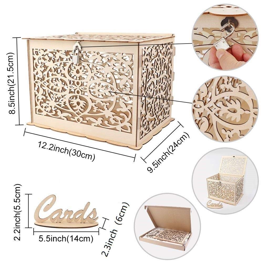 Funyear DIY Rustic Wedding Card Box with Lock, Wooden Gift Card Box Holder Graduation Card Box Money Box for Wedding Reception Deco, Baby Showers, Birthday Party Decorations
