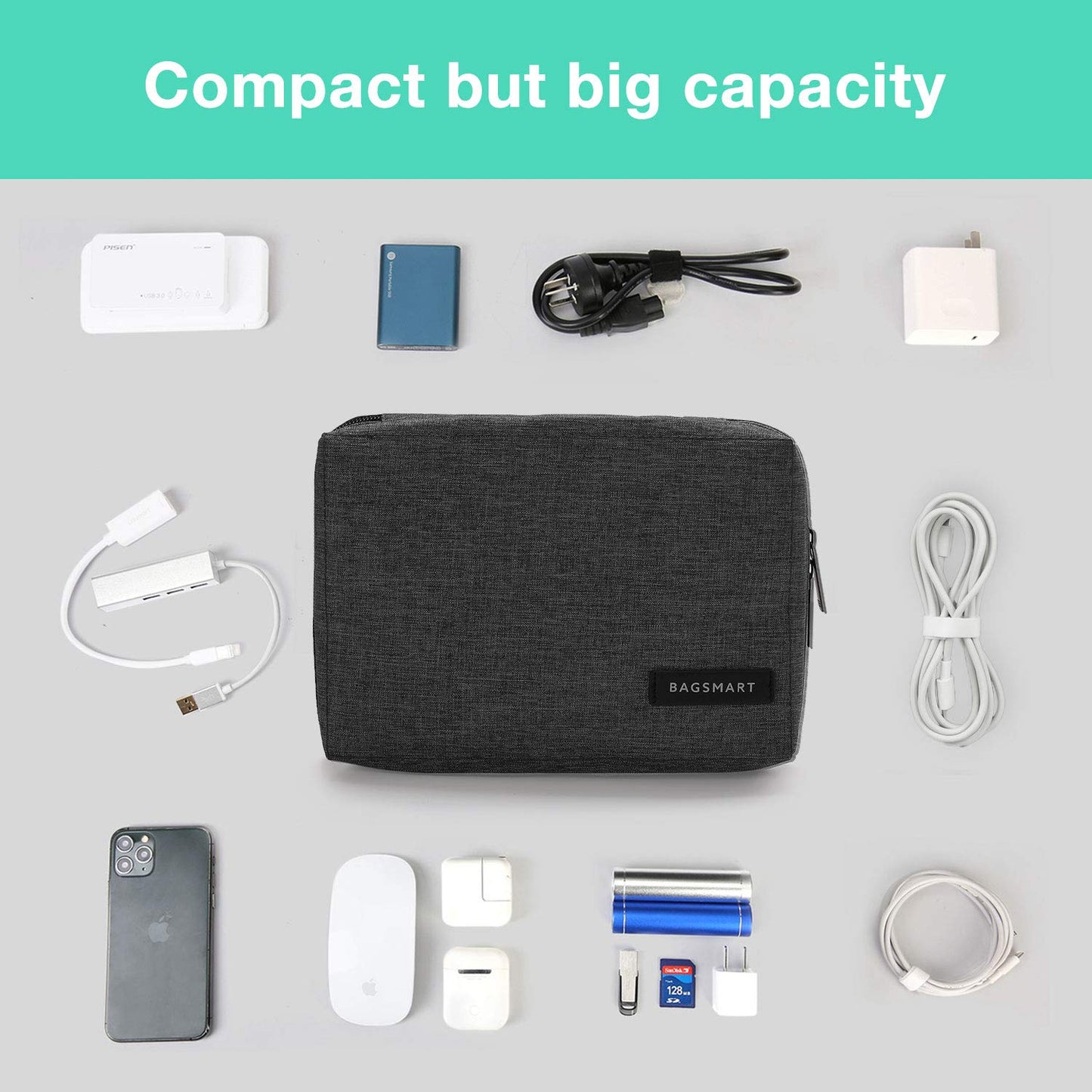 BAGSMART Electronics Organizer Travel Case, Small Cord Bag for Travel Essentials, Tech bag for Men Women, Cable Organizer for Phone, SD Card, Black