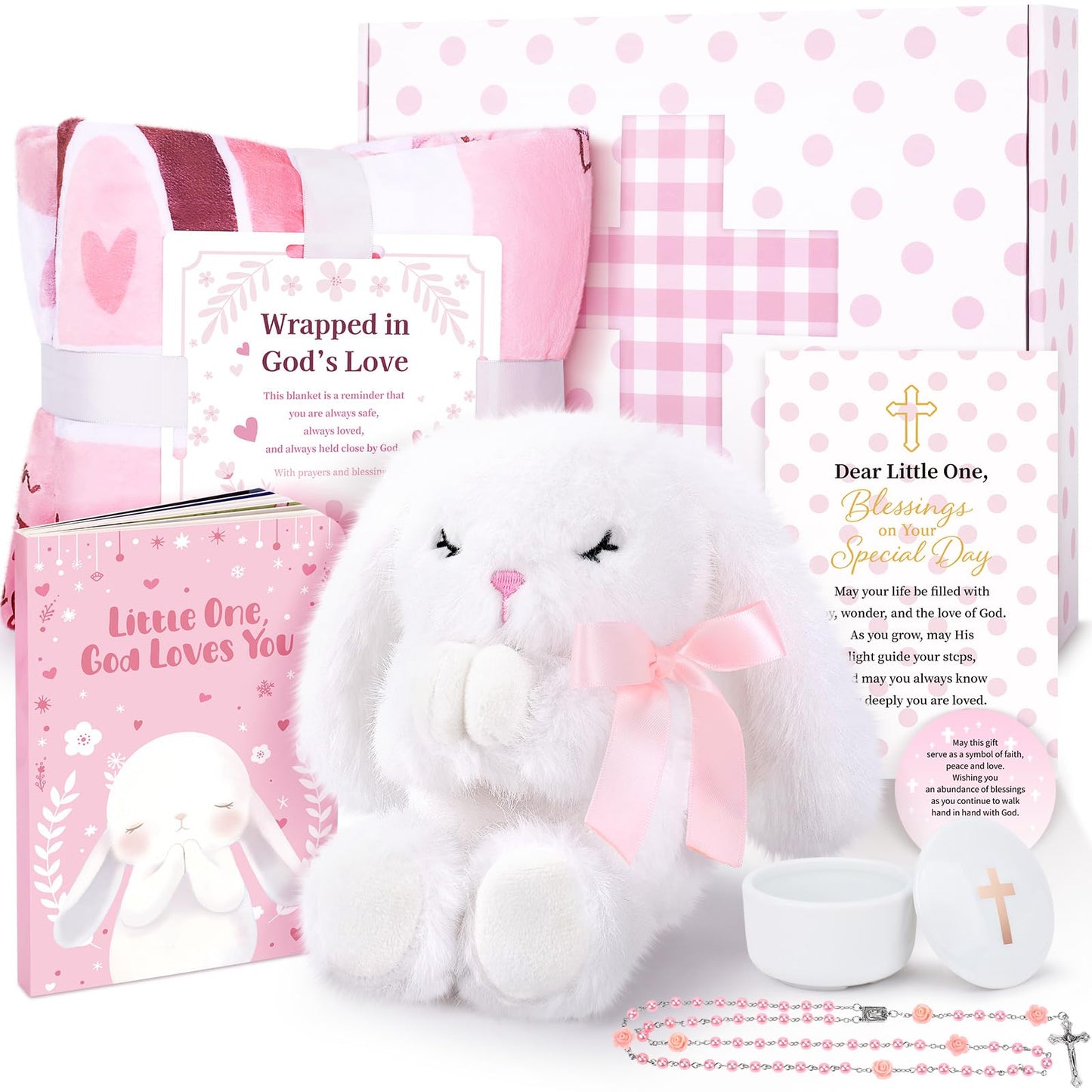 Baptism Gifts for Girl, Christening Gift Set for Baby Girls, Baby Dedication Gift, Includes Bunny Stuffed Animal, First Rosary Beads, Prayer Book, Keepsake Blanket, Catholic Baptism Gift Basket