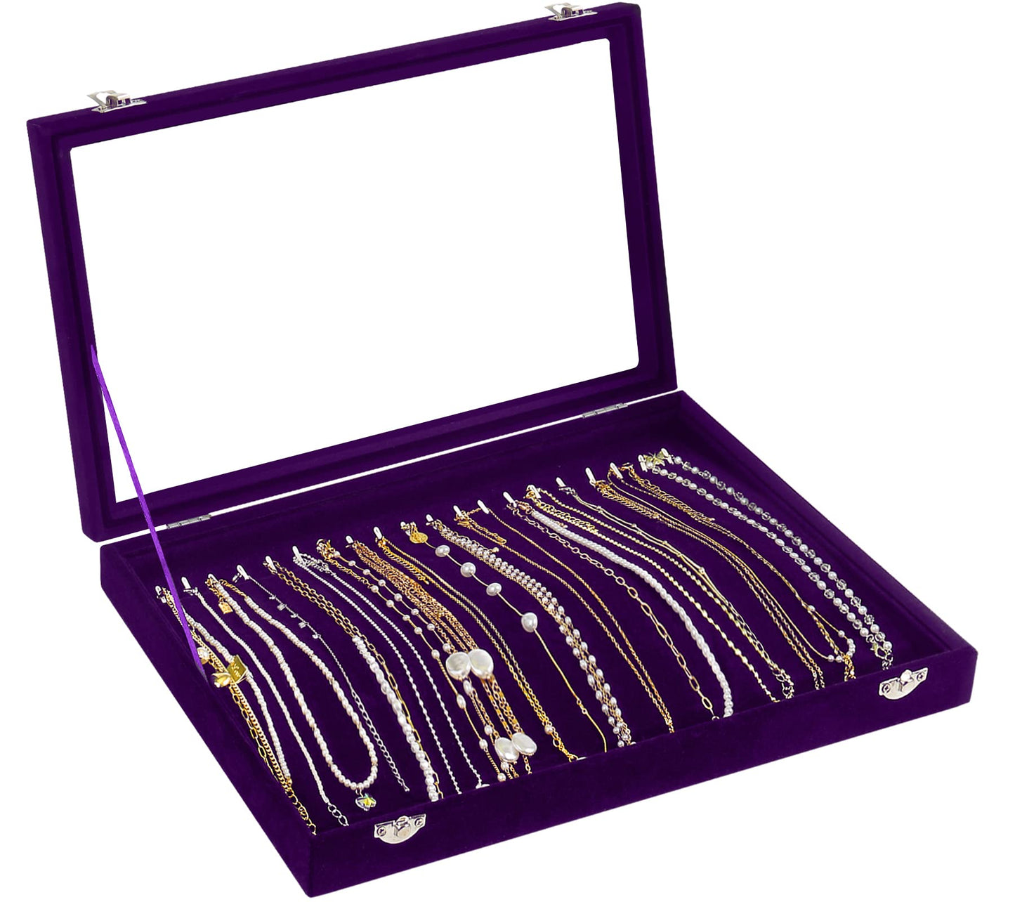Jenseits Necklace Holder Jewelry Organizer Box, Dustproof Velvet Necklace Tray Jewelry Display With Clear Lid, Preppy Jewelry Holder, Long Necklaces Pendants Organizer, Gifts For Women Girls - Purple
