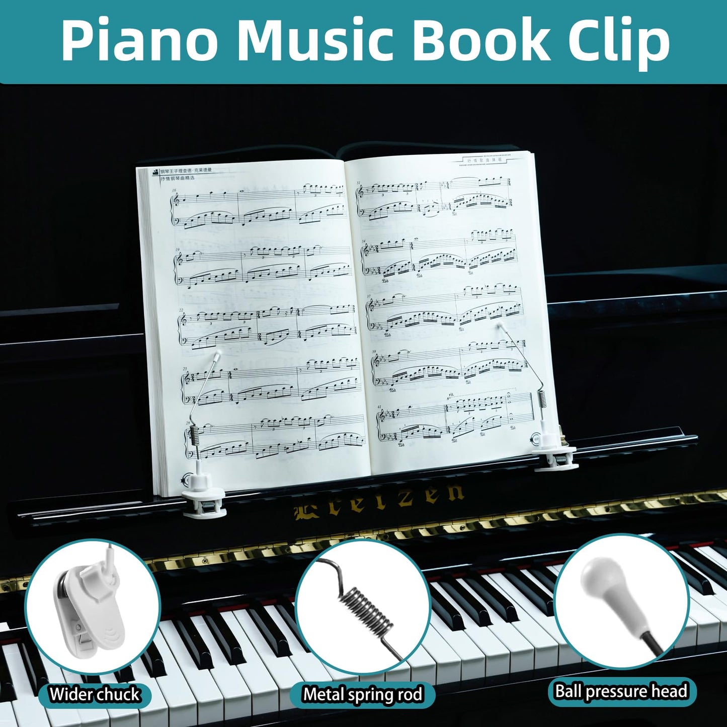 Piano Music Book Clip - Page Holder for Music Stand, Sheet Music Holders for Piano, Keyboard, Binders and Books, Essential Piano Accessories & Gift for Piano Players (White)