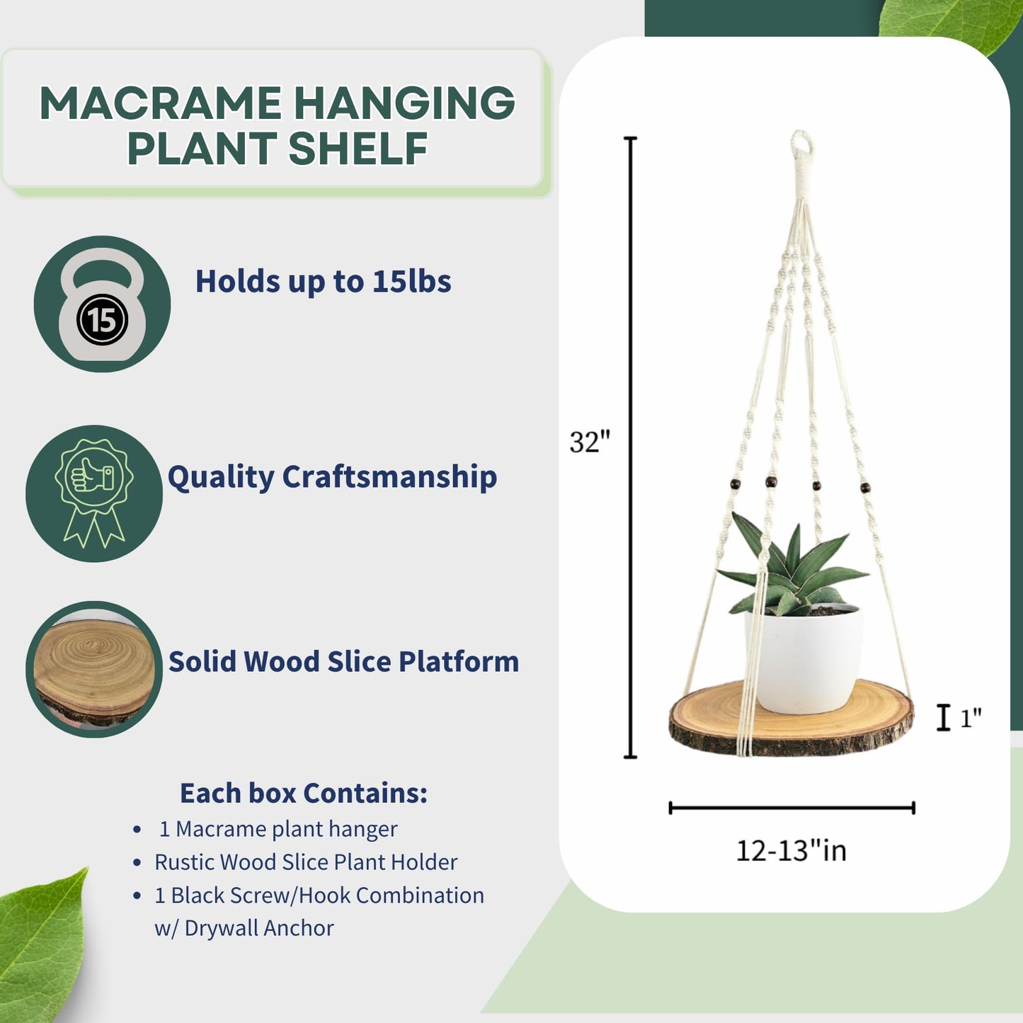 Leafy Accents Hanging Plant Shelf - Hanging Planters for Indoor Plants - Hanging Plant Holder with Floating Raw Wood Shelf - Window Plant Hanger - Minimalist Home Decor (Natural)