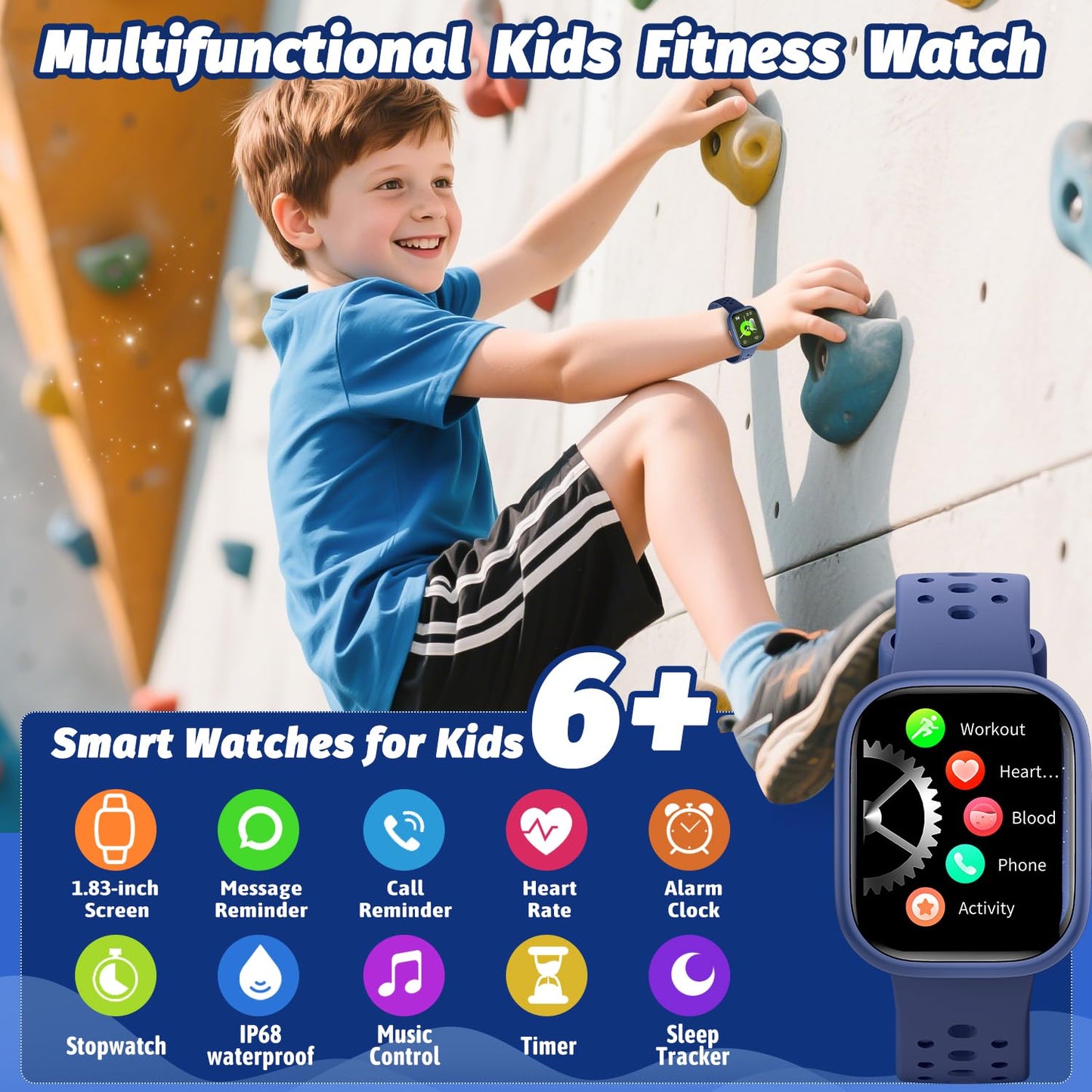 Heroange Kids Smart Watch for Girls Boys,IP68 Waterproof Kids Fitness Tracker Watch with 1.83" Face,Heart Rate Sleep Monitor,19 Sport Modes,Puzzle Games with APP,Great Gifts for Teens 6+ (Blue)