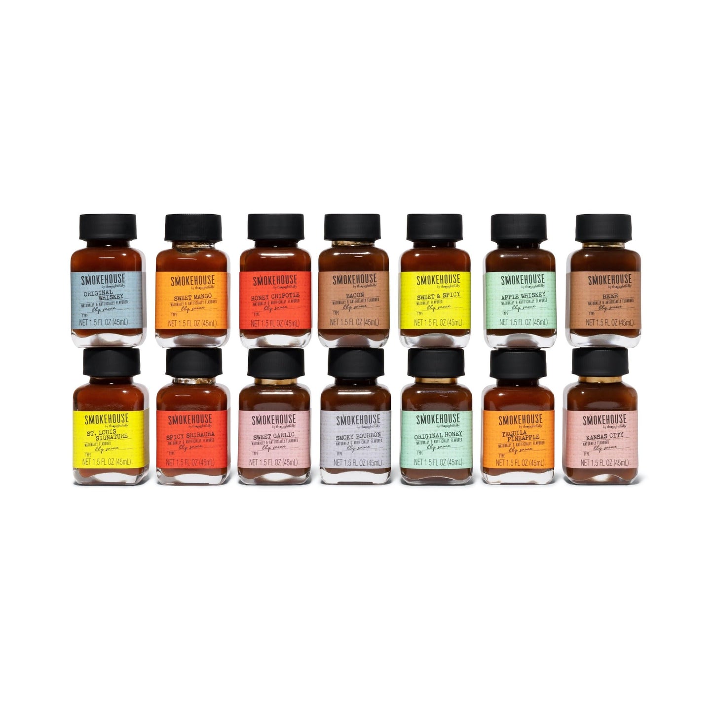 Smokehouse by Thoughtfully, Gourmet BBQ Sauce Sampler Variety Pack in Glass Bottles, Vegan and Vegetarian, Flavors Range from Full-Bodied Pitmaster Classics to Foodie-Inspired Creations, Pack of 14