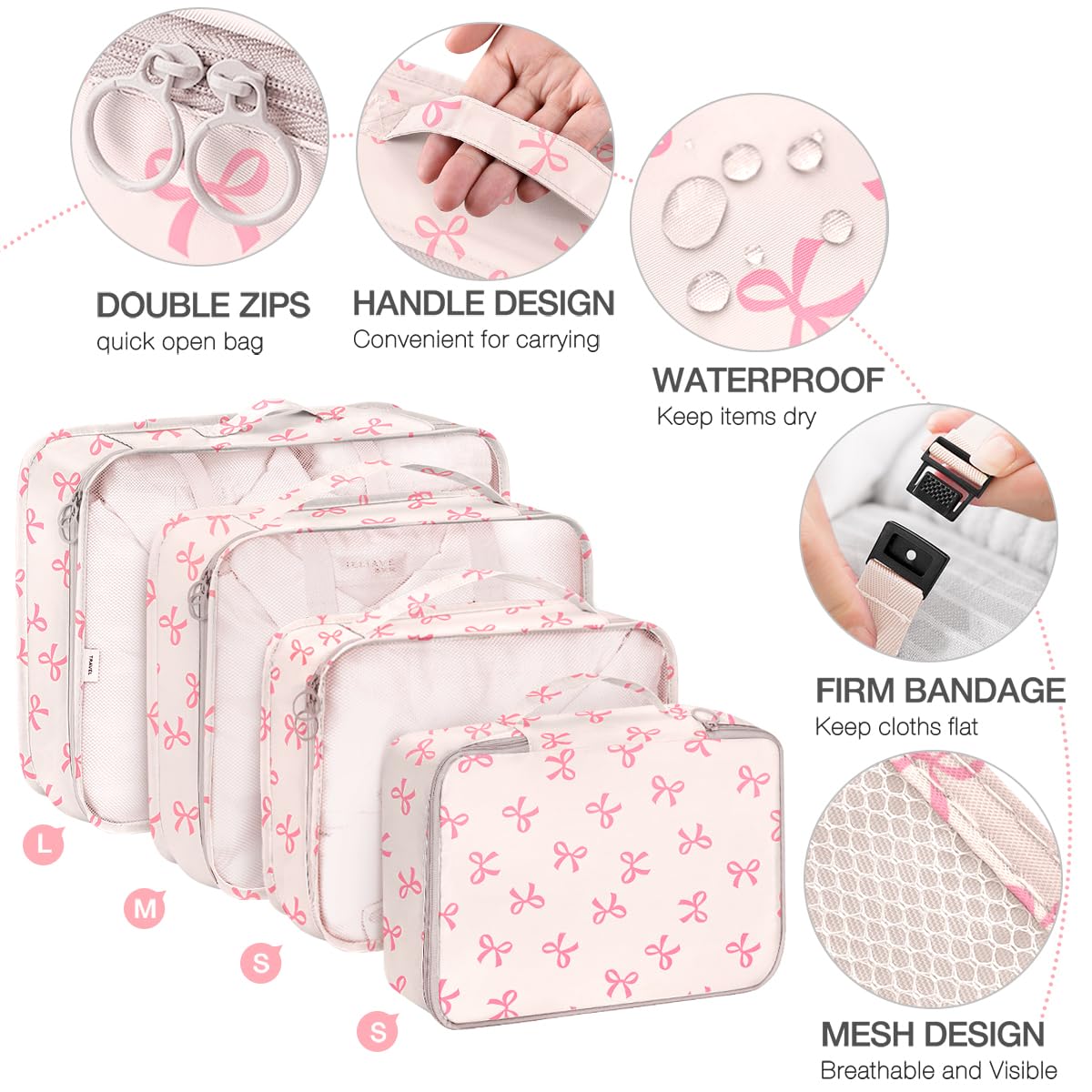 8 Set Packing Cubes for Suitcases,Suitcase Organizer with Shoe,Cosmetics,Clothing, and Accessories Bags for Travel Luggage Organizer Women Men(Pink Bows)