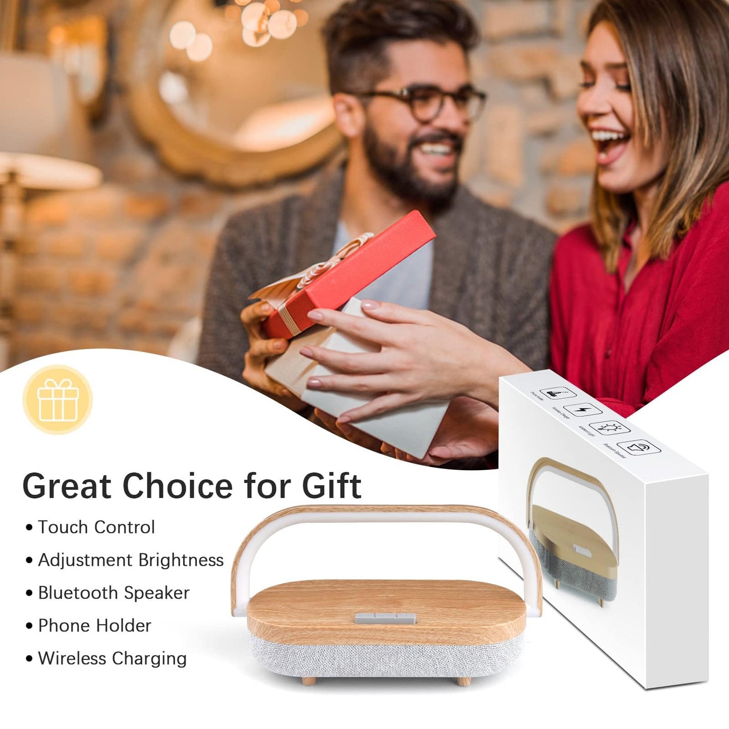 iGaur Nightstand Lamp with Wireless Charger,4 in 1 Touch Bedside Lamp Bluetooth Speaker,Portable Dimmable LED Night Light,Corporate Gifts Premium for Employees Clients,Birthday Gifts Women Wife Friend