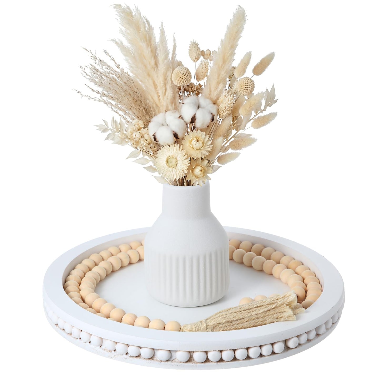 Tiangrid 3 Pieces Rustic Country Style Tabletop Centerpieces, Bohemian Style Ceramic Vase with Wooden Tray, Wooden Bead Garland, Tassel Table Stand for Home Decoration