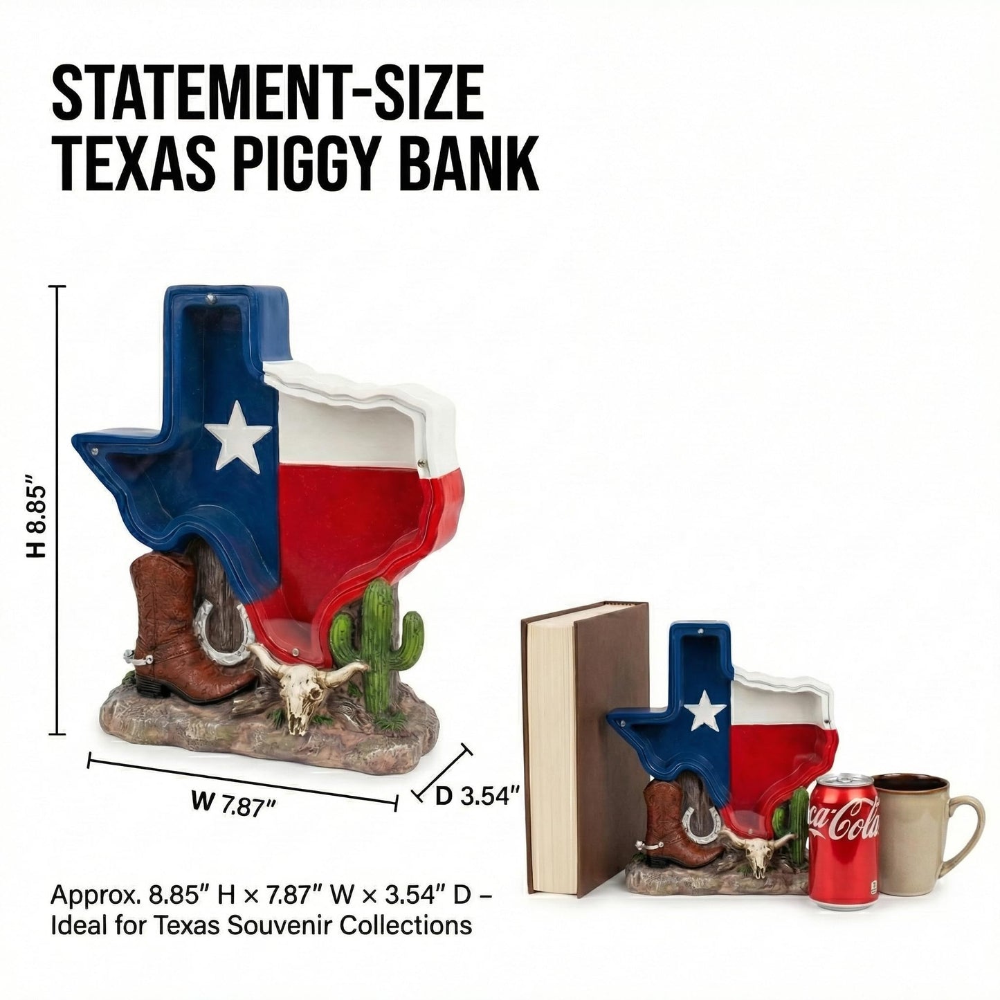 Texas Souvenir, Texas Piggy Bank - Texas State Design with Cowboy Boot, Horse Shoe & Cactus Western Decor for Desk & Home, Texas Gifts for Man or Woman.