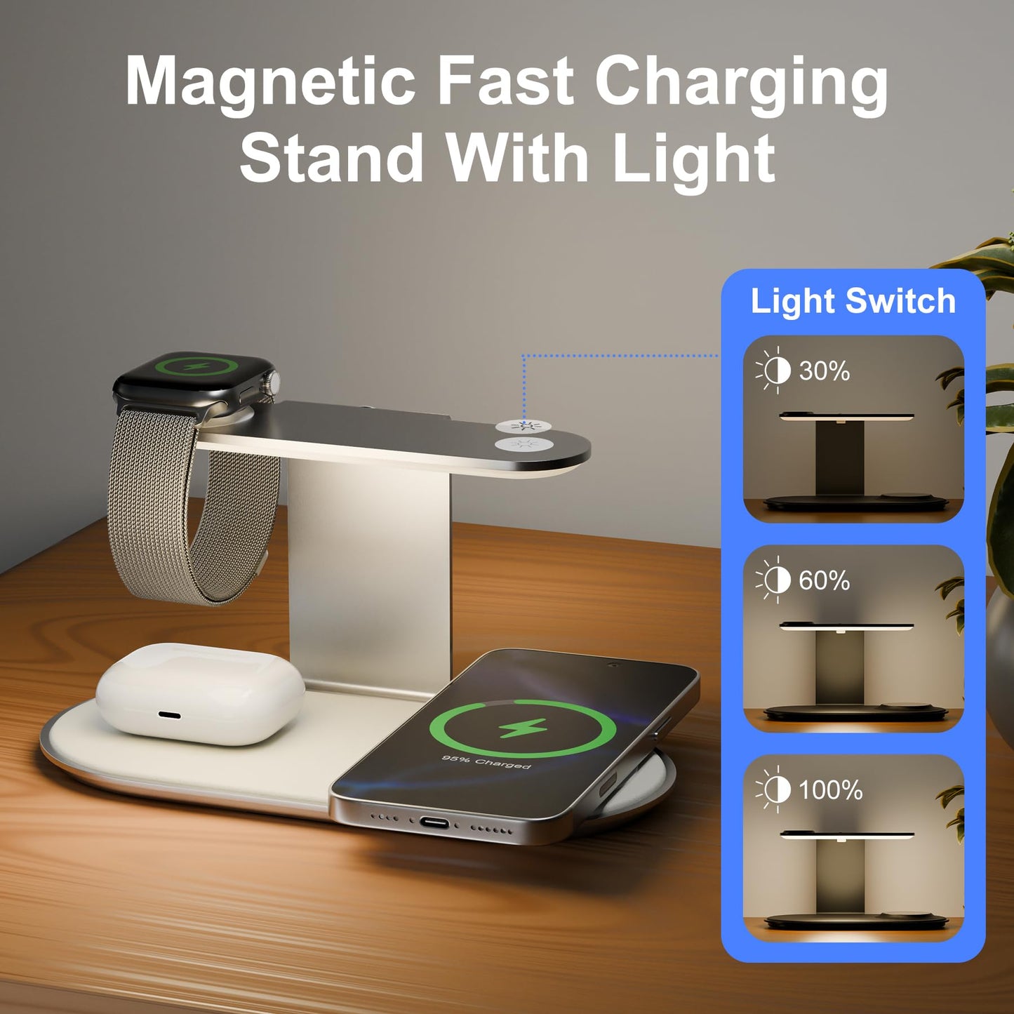 4-in-1 for Magsafe Wireless Charging: 15W Qi Magnetic Fast Charger Station Pad with Night Light for iPhone 17 16 15 14 13 12 Pro Max-for Apple Watch and AirPods Series-Desk Nightstand Bedside, Silver