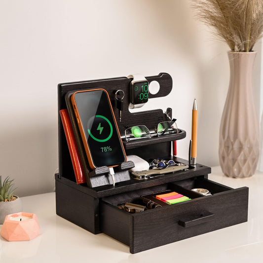 TESLYAR Wood Phone Docking Station with Drawer - Nightstand Organizer - Desk Organizer for Husband - Birthday Gifts for Men, Dad, Anniversary Idea, Key Holder Stand Watch & Accessories (Granite Black)