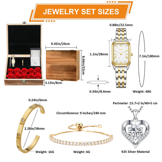 Gifts for Women Jewelry Set, 925 Silver Moissanite Necklace, Gold Watch Stainless Steel Bangle with Eternal Roses Wooden Gift Box Ideal for Mother's Day Birthday Anniversary Christmas Valentine's Day Wife Gift