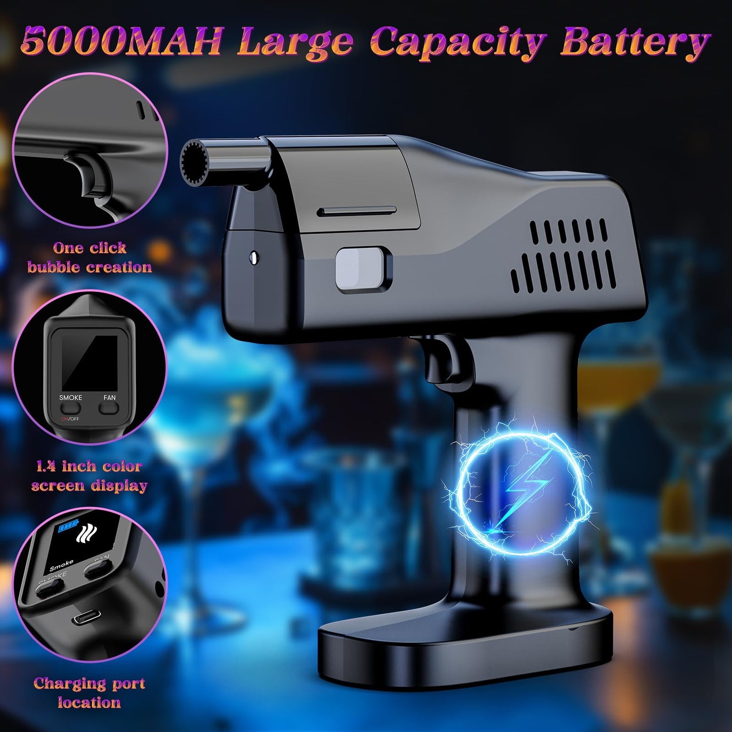 Electric Cocktail Smoke Bubble Gun Kit - Aroma Blaster with 4 Flavor Oils & Edible Bubbles | 5000mAh Rechargeable, Color Screen | Smoker for Whiskey, Food, Drinks | Great Gift for Dad, Men, Bartender