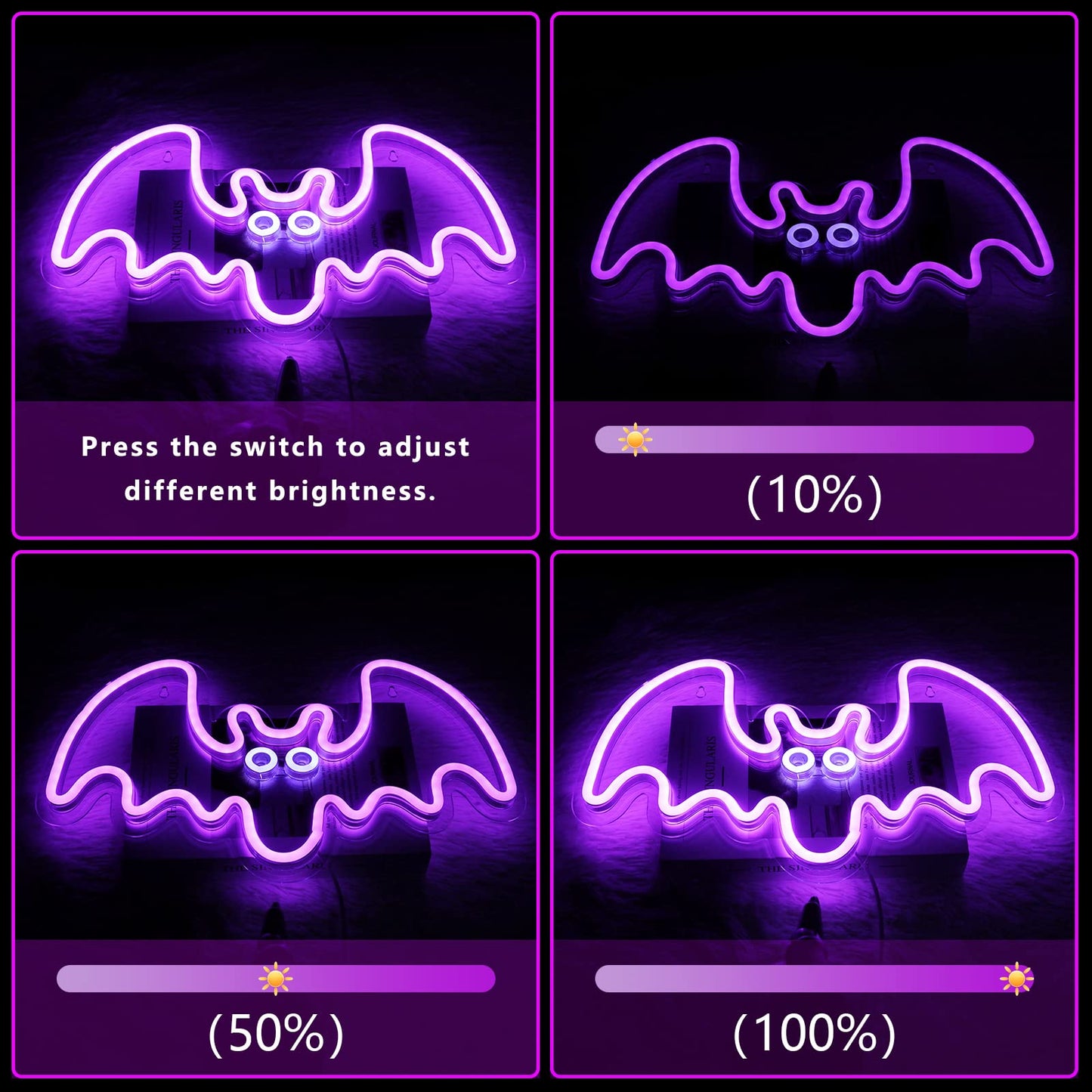 Halloween Neon Sign - Purple Bat LED Neon Sign with Dimmer 15.7x9.4 Inch, USB Powered Halloween Vampire Neon Lights for Wall Decor, Bedroom, Party, Room, Holiday, Kids Gift