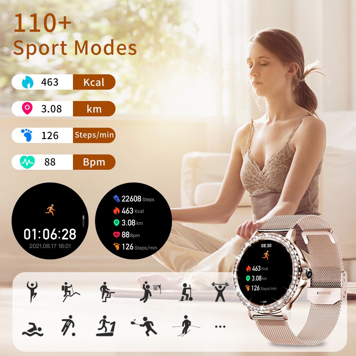 Smart Watches for Women (Answer/Make Call) with Diamonds, 1.3”HD Screen Bluetooth Smartwatch for Android iOS Phones, IP68 Waterproof Fitness Activity Trackers with Heart Rate/SpO2/BP/Sleep Monitor