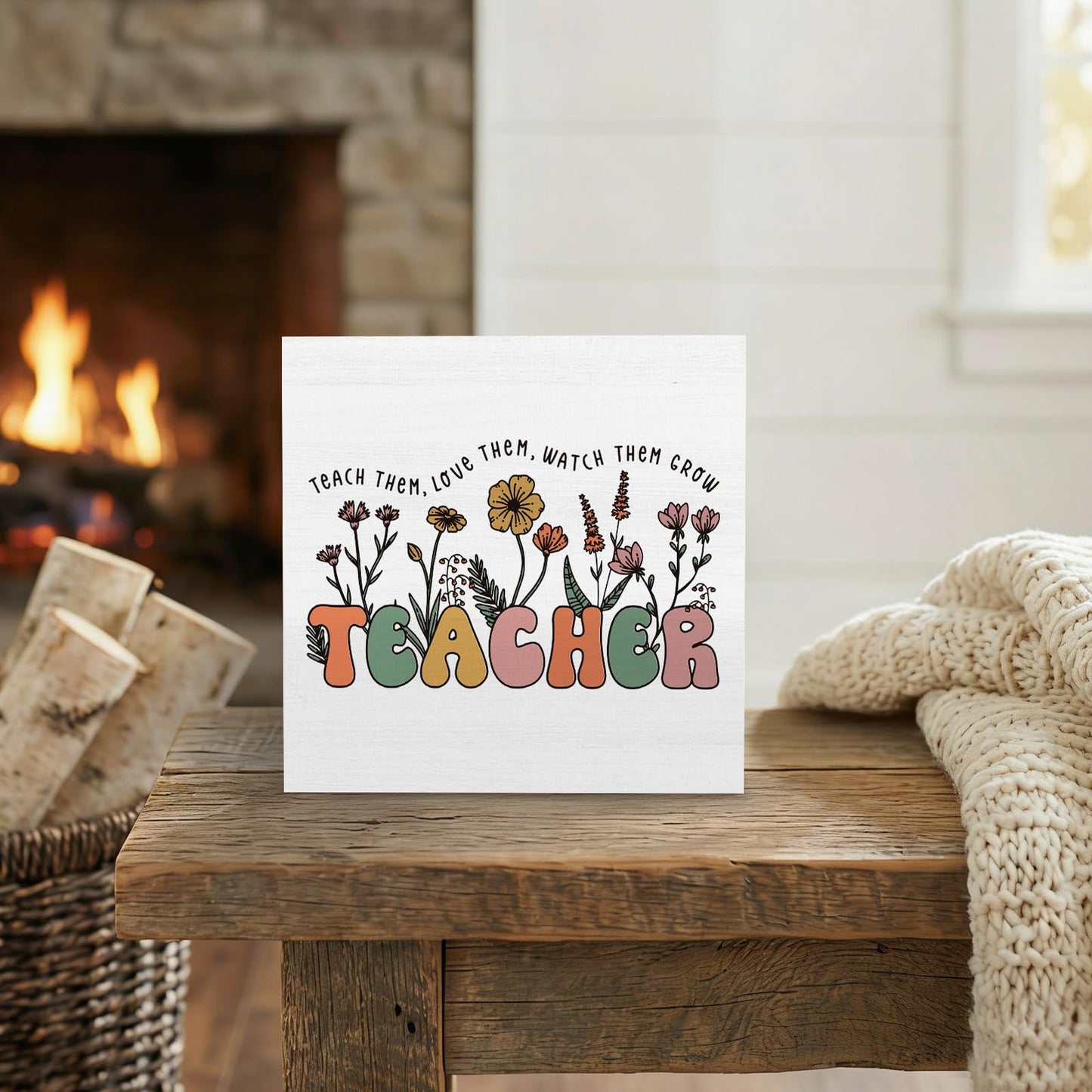 GWOKPAAI Boho Teacher Floral Wooden Box Signs Desk Decor, Teacher Appreciation Gifts, End of the Year Teachers Gifts Wooden Signs Desk Decorations for Home Office Workplace Tabletop Shelf Wall, 5x5in