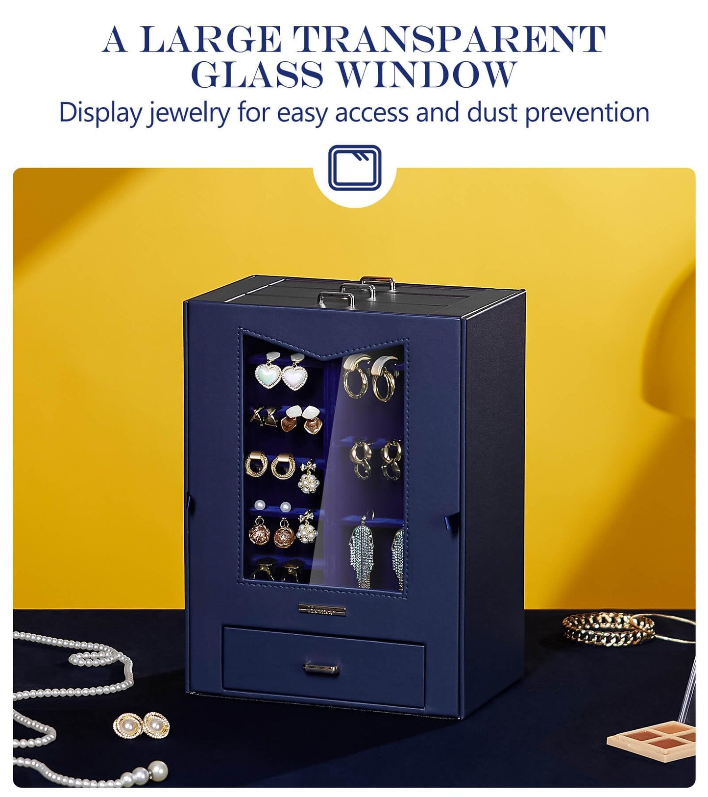 Homde Jewelry Organizer with Transparent Window Necklace Hooks Gift for Women Jewelry Box Display Case for Necklaces Rings Earrings Bracelets and Other Accessories (Dark Blue)